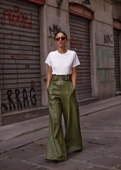 Vegan high Waisted Wide Leg Leather Trousers